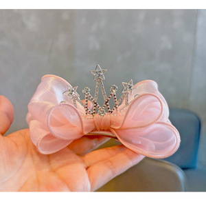 Заколка-бантик 3D «Корона принцессы» с бриллиантами, детская, из шифона, цветной, для девочек, синий, розовый, в стиле «Холодное сердце» Эльза, заколка-«уточка» - Product Image 4