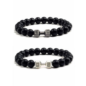 Pulsera de Piedra Volcánica Natural para Hombre, Cuentas Blancas Mate de Lava Negra, Dije de Mancuerna, Pulseras de Hilo para Mujer, Joyería de Fitness con Barra - Product Image 1