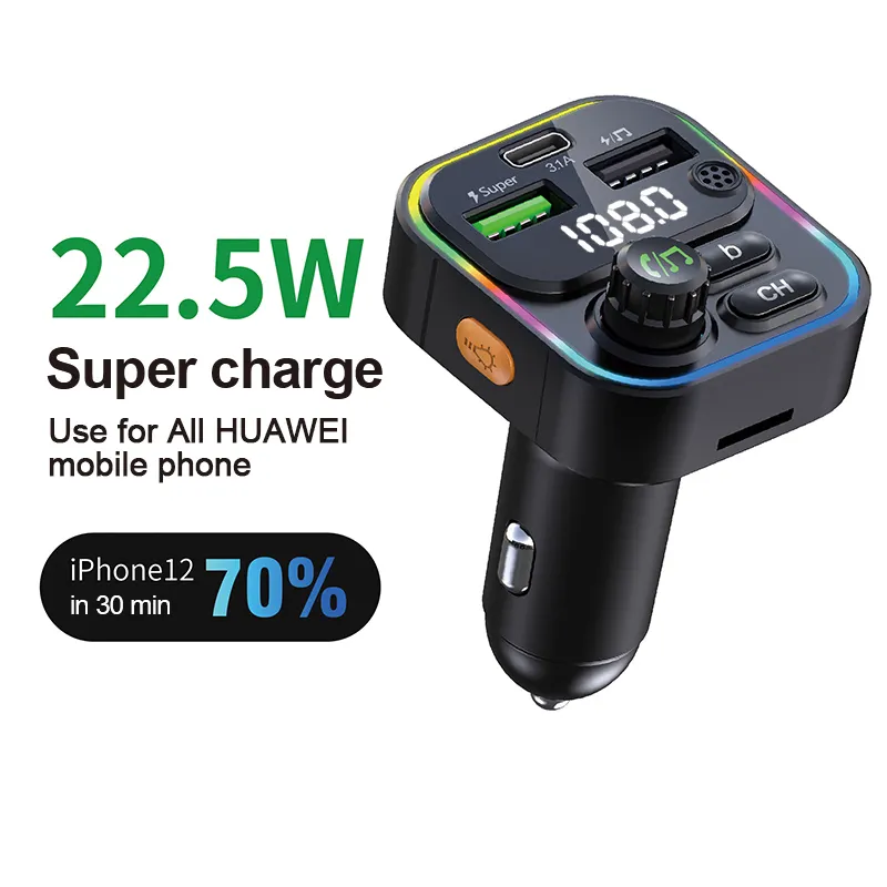 New 22.5W Car Kit FM Transmitter handsfree multifunction wireless MP3 Player 3 Usb Port Car Charger Type C Charger Adapter