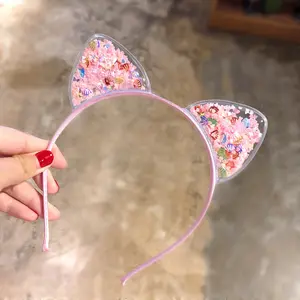 Wholesale Quicksand Sequin Cat Ears Plastic Headband Crown Bow Princess Headband For Girls Kids