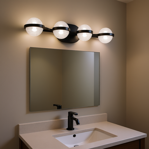 Luminaire de salle de bain minimaliste noir à LED en fer, 4 lumières, applique murale pour miroir, finition mate, blanc chaud 3500K, IP44 - Product Image 2