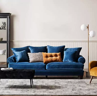 Canapé trois places de style rétro américain, en velours bleu foncé, à dossier haut, de style antique français, pour maison d'hôtes