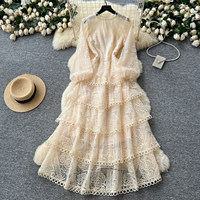 Robe longue décontractée élégante pour femme WIWT, broderie en dentelle, coupe trapèze, manches bouffantes 3/4, ajourée, à volants, pour le quotidien, les vacances et les soirées
