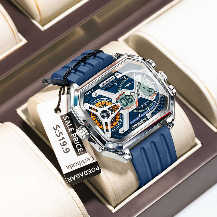 POEDAGAR E106 Montre Homme Multifonctionnelle Étanche Quartz Numérique Chronographe Lumineuse Bracelet en Silicone