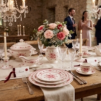 Assiettes de dîner en céramique vintage à motif de roses rouges, bord festonné, vaisselle de luxe en porcelaine, service de table pour mariage, hôtel, maison