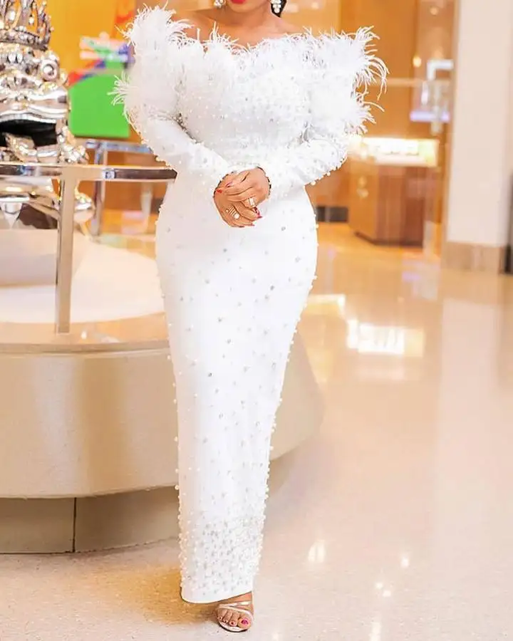 Latest Arrival Off Shoulder Feather SlimTight Nail Bead White Party Dress Long Sleeve Dresses Evening Dresses