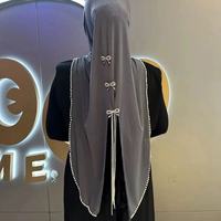 Hijab instantané en mousseline avec nœud, strass et pompon, bordure perlée, pour femmes musulmanes, style modeste islamique