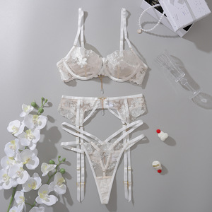 MXZ4161A Lingerie en dentelle <span class=keywords><strong>orange</strong></span> fluo pour femmes, ensemble de lingerie sexy trois pièces avec broderie florale, <span class=keywords><strong>jarretière</strong></span>, maille, lingerie sexy pour femmes - Product Image 6