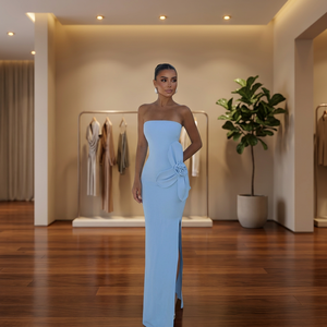 Vestido de Fiesta Eyyo Blue Daysi sin Tirantes, Corte A, Silueta de Tubo, Cintura Imperio, con Encaje y Pedrería, Talla XS, Largo hasta el Suelo - Product Image 2