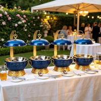 Chauffe-Plats Rond Commercial de Luxe Bleu-Or à Couvercle Suspendu 8L pour Service de Mijoté d'Agneau Vintage, Bistro et Fêtes Haut de Gamme