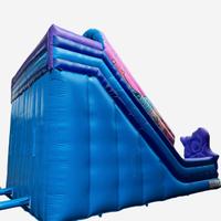 Toboggan gonflable commercial en PVC durable bleu avec motif de dessin animé, jeux de rebond et toboggan sur le thème des dessins animés