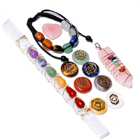 Ensemble de cristaux de guérison naturels 7 chakras, baguette de sélénite, cœur de quartz rose, pendentif hexagonal poli et gravé, coffret cadeau