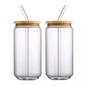Verres en forme de canette en verre borosilicate résistant à la chaleur et au froid, type Mason Jar, verres à bière, steins, avec couvercles en bambou et pailles, vente en gros - Product Image 1
