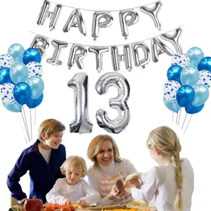 13岁的男孩女孩13岁生日装饰13岁的青少年与快乐的生日数字13和蓝色五彩纸屑气球
