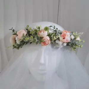 Coroa de flores de seda camélia com luzes festival bandana floral garrafa menina casamento acessórios para cabelo coroa de flores vermelhas