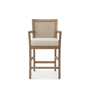 Tabouret de comptoir à dossier en cannage, structure en bois, revêtement en lin, chaise de salle à manger moderne, mobilier de maison - Product Image 1