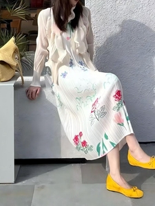 Romantic Floral Print Chiffon Midi <b>Dress</b> Ruffles Sleeveless Pleated Hem Modern Fit Polyester Breathable Summer Autumn Ruched - Product Image 1
