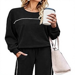 Women's Black Long Sleeve <b>Sweater</b> <b>Set</b> Crew Neck Knitted Full Length Solid Color Side Stripe Casual Lounge Wear - Product Image 2