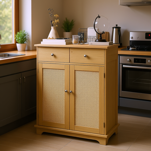 Mueble de Cocina con Tapa de Madera Maciza, Aparador con 2 Cajones, Estante Ajustable, Color Natural, Estilo Escandinavo - Product Image 2