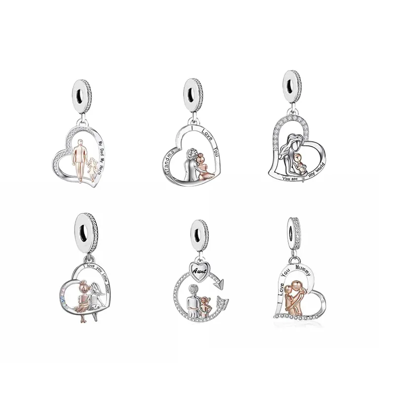 Family Series Dangle Charms for Bracelet Necklace Pendant Jewellery 925 Sterling Silver I Love My Dad Mother Sister Heart Beads