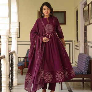 Women's Maroon Cotton Embroidered <b>Kurti</b> With Pant And Dupatta Set Floral Design Traditional Daily Wear India Pakistan Style - Product Image 1