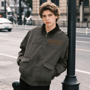 Chaqueta de Lona Retro Personalizada para Hombre, Estilo Vintage, Transpirable, con Cierre de Cremallera y Bordado, Ropa Urbana - Product Image 1