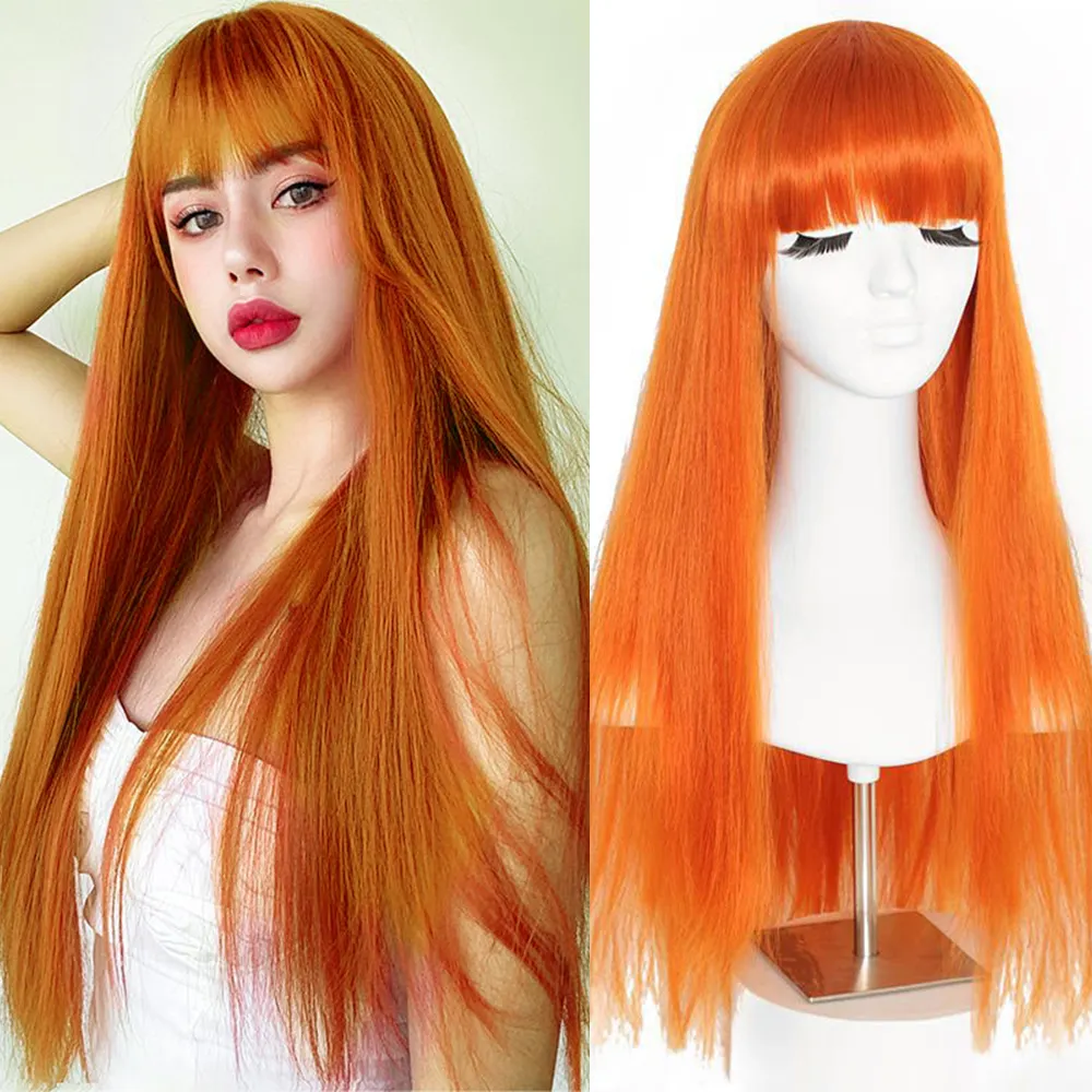 Long Straight Synthetic Wigs with Bangs Copper Ginger Orange Cosplay Wigs for Women Daily Use Hairs