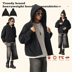 Chaqueta con Capucha de Felpa de 350 g/m², Estilo Punk, con Cremallera en la Parte Superior, Corte Cuadrado, Ancha, Estilo Hip Hop Oscuro - Product Image 3