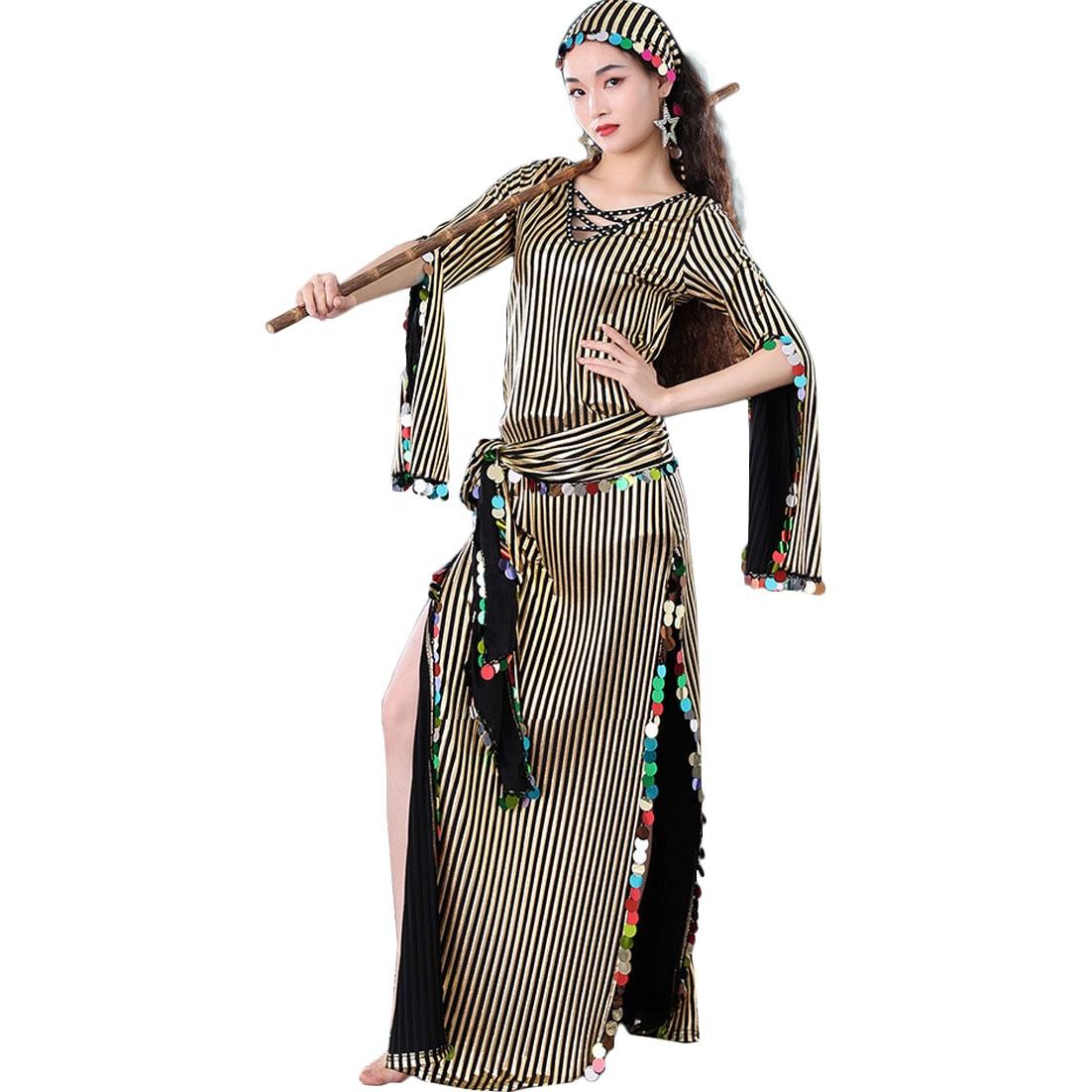 High Quality Hot Gold Glitter Oriental Belly Dance Baladi Folk Saidi Robe  Performance Dress Outfit