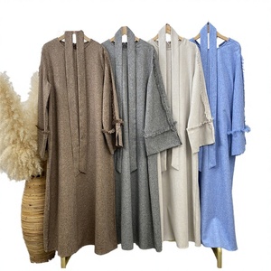 Hot Selling Customized Islamic Linen <b>Abaya</b>-Solid Long Sleeve A-Line Simple Design with Pearls & Embroidery - Product Image 3