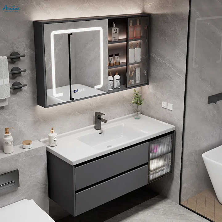 Luxury Wall Mounted Floating Bathroom Vanity Mirror Cabinet Set with Sink