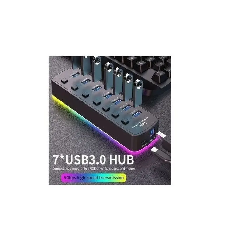 Black 7-Port Usb 30 Hub Single 7-In-1 Rgb Led con adaptador de corriente de 20W Usb Hub Fabricante