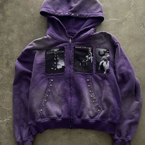 Sweat à capuche unisexe personnalisé 100 % coton 350 g/m² avec fermeture éclair, coupe oversize, effet délavé soleil, imprimé DTG, patchs et strass pour homme - Product Image 1
