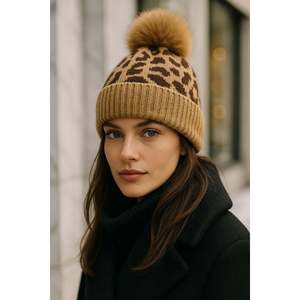 Women's Wool Beanie with Leopard Print Pom-Pom BERE1145 <b>Bonnet</b> - Product Image 3