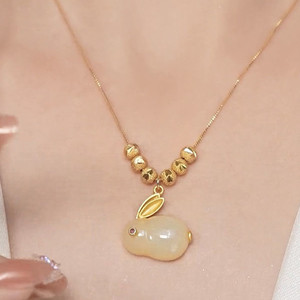Titanium Steel Jade Rabbit Necklace Women Animal Zodiac Clavicle Chain Gift Fashion Pendant Necklaces - Product Image 1