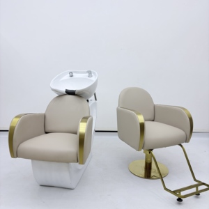 Ensemble de mobilier moderne pour salon de beauté : Lit de lavage, fauteuil de coiffure en cuir synthétique rembourré, hauteur réglable, rotation à 360 degrés - Product Image 4
