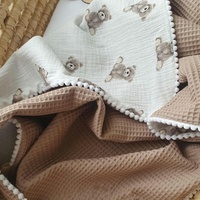 Couverture Bébé Personnalisée en Coton Gaufré Tissé Solide, Imprimé Ours en Peluche, Pompons et Dentelle, Écologique, Quatre Saisons, pour Poussette et Berceau