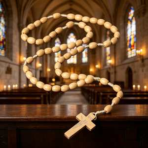 Cuentas de diseño económicas, perlas naturales blancas, madera de ébano para boda, con caja de madera y medalla para rosario católico - Product Image 4