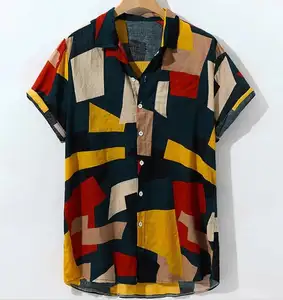 Wholesale Men Casual Shirts 3D Diamond Pattern Print lapel Collar Short-sleeved Shirt Retro Style Summer Clothing