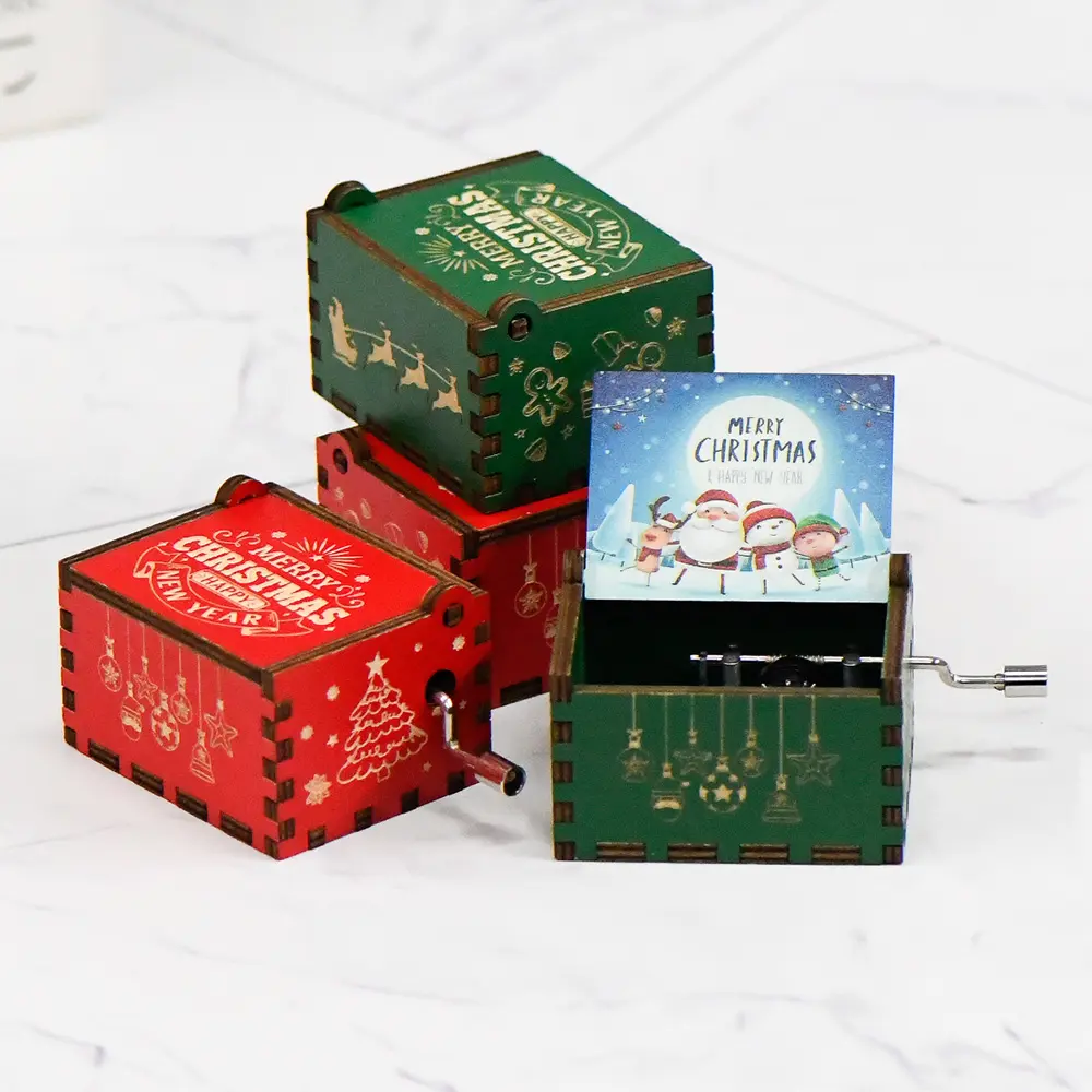 Popular Christmas Hand Crank Music Box Laser Engraved Hand Crank Wooden Music Box