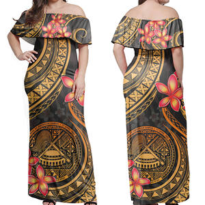 Puletasi samoan naturel longueur ras du sol, style bohème polynésien tribal, motif plumeria tatoué, épaules dénudées, personnalisé, vente en gros économique - Product Image 3