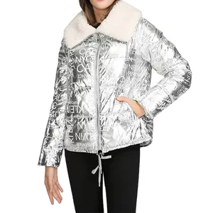 Neue Mode Splitter glänzenden Druck Kunst pelz Kragen benutzer definierte Puffer Jacke Daunen plus Größe Winter jacke Frau