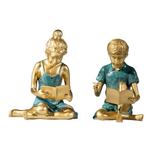 Figurines en laiton Cuivre et Or représentant un garçon et une fille lisant et assises, sculptures artistiques pour le salon, décoration de rentrée scolaire - Product Image 1