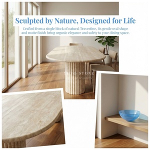 Tavolo da Pranzo in Travertino Lucidato, Forma Ovale Morbida con Colonne Romane Scanalate, Design Minimalista Moderno per Villa e Appartamento - Product Image 3