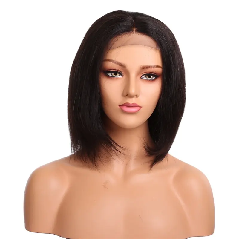 Wholesale Price High Quality Raw Indian Hair Natural Color Medium Length Straight Human Hair Wig 4x4 Lace Closure Bob Wigs