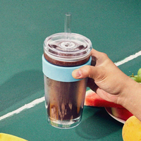 Tasse à café en verre borosilicate à double paroi sans BPA, imprimée, anti-fuite avec couvercle et paille, mug de haute qualité pour boissons froides