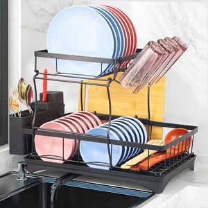 Último modelo de escurridor de platos de 2 niveles para cocina, de metal, para encimera, organizador de secado de platos con soporte para utensilios - Product Image 1