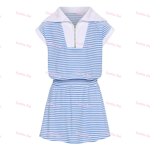 Conjunto de 2 Piezas de Ropa para Niñas, Top Polo con Cierre de Cremallera y Falda a Rayas Azules y Blancas de Tela de Rizo - Product Image 5