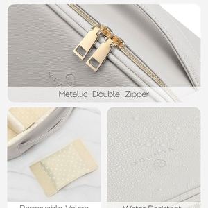 Sac de maquillage portable en PU pour femmes, avec logo personnalisé, motif géométrique, grande capacité, fermeture éclair, poignée souple, double couche, sac de voyage - Product Image 3