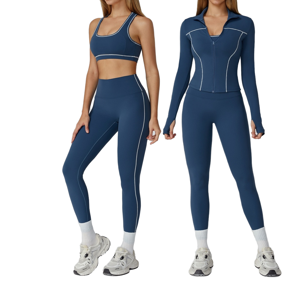 Cross-border Color Contrast Sanding Yoga Set Zipper Slim Bow Collar Fitness Clothing Leisure Running Sports Three-piece Knee